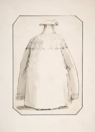 Karikatyrd av en tjock person i lång kappa och trekantig hatt, sedd bakifrån av Giovanni Battista Tiepolo