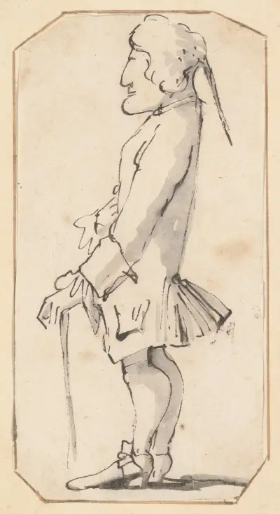 Karikatyrd av en man med käpp, stående i profil åt vänster av Giovanni Battista Tiepolo