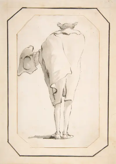 Karikatyrs av en man som håller en trehörnig hatt, sedd bakifrån av Giovanni Battista Tiepolo