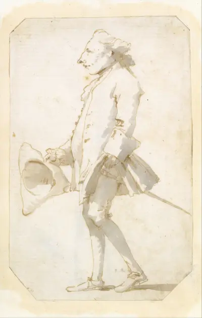 Karikatyrs av en man som håller en trekornshatt, gående till vänster av Giovanni Battista Tiepolo