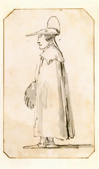 Karikatyrmålning av en man i lång kappa, stående i profil åt vänster av Giovanni Battista Tiepolo