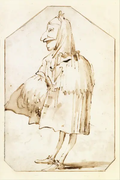 Karikaty av en man i mask och kappa, hållande muff och trekantig hatt, stående i profil åt vänster av Giovanni Battista Tiepolo