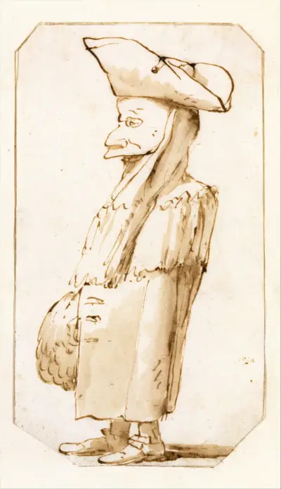 Karikatyrmålning av en man i mask och trekornshatt, stående i profil åt vänster av Giovanni Battista Tiepolo