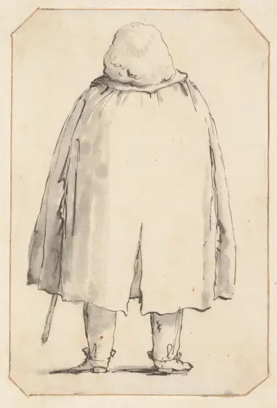 Karikatyrs av en man i vid kappa med promenadkäpp, sedd bakifrån av Giovanni Battista Tiepolo