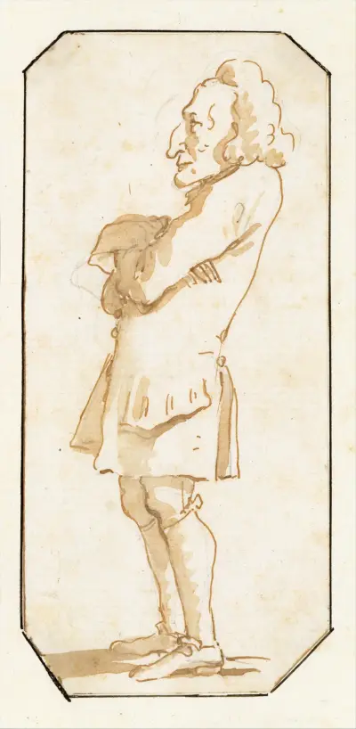 Karikatyrs av en man med korslagda armar, i profil till vänster av Giovanni Battista Tiepolo