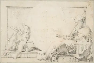 Illustration för en bok; Frontespis med en kvinnlig allegorisk figur och en putto av Giovanni Battista Tiepolo