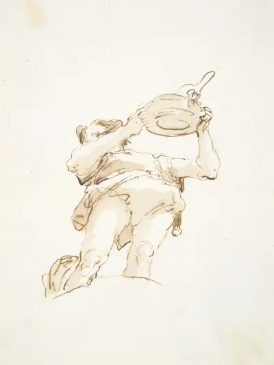 Manlig figur bärande en bricka med fågel, sedd underifrån av Giovanni Battista Tiepolo