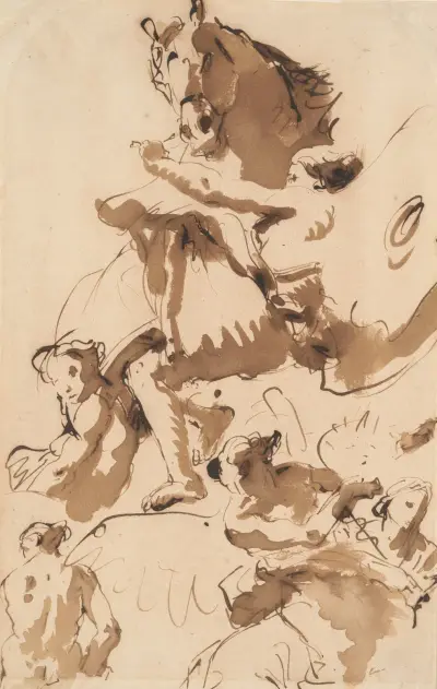 En av timmarna som håller Solens häst vid tygeln, och andra figurer av Giovanni Battista Tiepolo