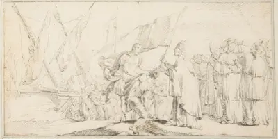 Påven överlämnar en fana till en korsriddare, med skepp i bakgrunden av Giovanni Battista Tiepolo