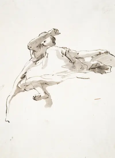 Liggande kvinnlig figur, vänster hand på en glob, höger arm framför ansiktet, sedd underifrån av Giovanni Battista Tiepolo