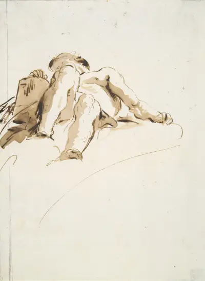 Reclining male nude with right hand resting on a stone tablet, seen from below av Giovanni Battista Tiepolo