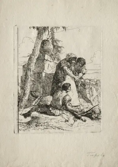 Fantastiska skämt; Trollkarl pekar på ett brinnande huvud för två ungdomar av Giovanni Battista Tiepolo