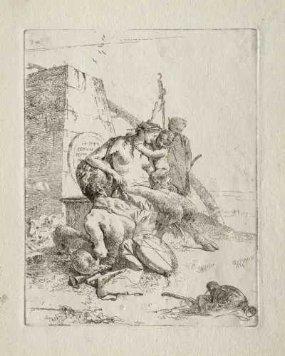 Fantasiscener; Satyrfamilj med obelisk av Giovanni Battista Tiepolo