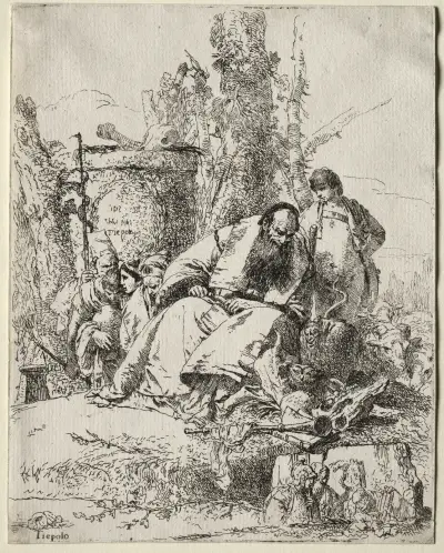 Scherzi di Fantasia; Seated Magician, boy and four figures av Giovanni Battista Tiepolo