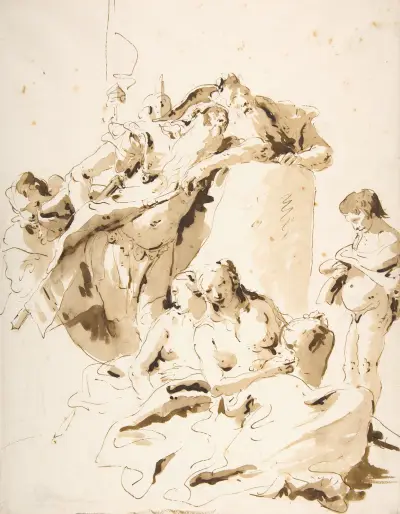 Scherzo di Fantasia; stående krigare och kung med fem följeslagare av Giovanni Battista Tiepolo