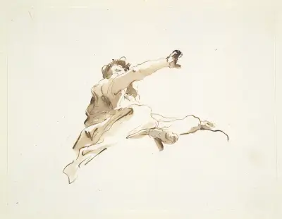 Sittande figur med huvudet vänt åt vänster och höger arm upplyft, sedd underifrån av Giovanni Battista Tiepolo