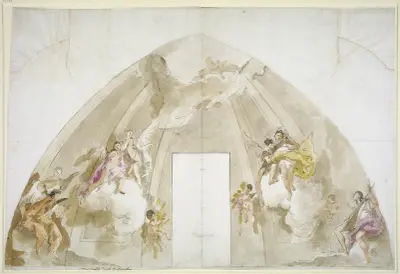 Sjungande och musicerande änglar; förberedande teckning för taket i Udinekatedralen av Giovanni Battista Tiepolo