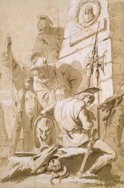 Soldater kring ett monument av Giovanni Battista Tiepolo