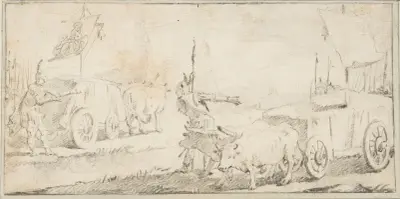 Soldater driver oxkärror med fanor av Giovanni Battista Tiepolo