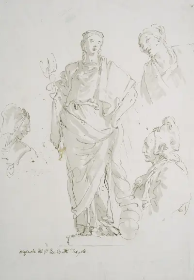 Stående kvinnofigur på piedestal och tre huvudstudier av Giovanni Battista Tiepolo