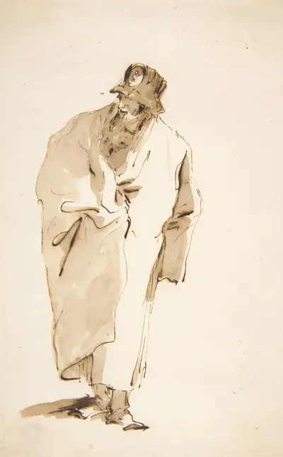 Stående man i lång rock och hög hatt med medaljong av Giovanni Battista Tiepolo
