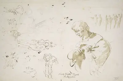 Studieblad med ung man i profil, blickande åt vänster; studier av figurer och huvuden av Giovanni Battista Tiepolo