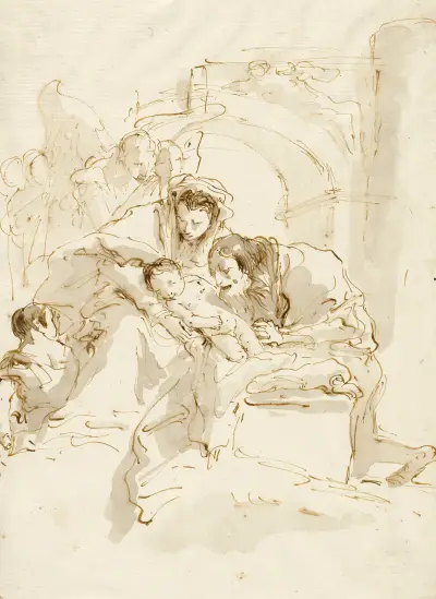 Den heliga familjen med änglar framför en båge av Giovanni Battista Tiepolo