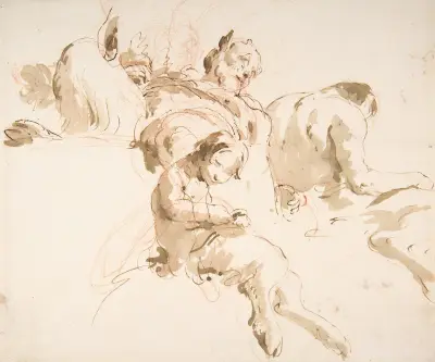 Två sittande satyrer och en satyrbarn av Giovanni Battista Tiepolo