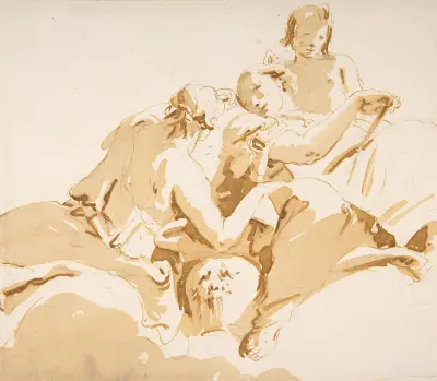 Två sittande kvinnor och en pojke på moln av Giovanni Battista Tiepolo