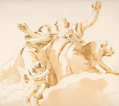 Två kvinnor, ett lejon och en putto på moln av Giovanni Battista Tiepolo