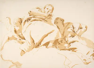 Två kvinnor och en bevingad pojke på moln av Giovanni Battista Tiepolo