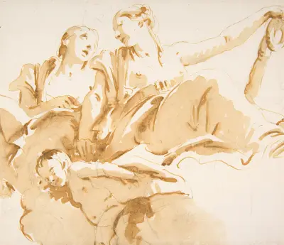 Två kvinnor, en hållande ett ankare, och en putto på moln av Giovanni Battista Tiepolo