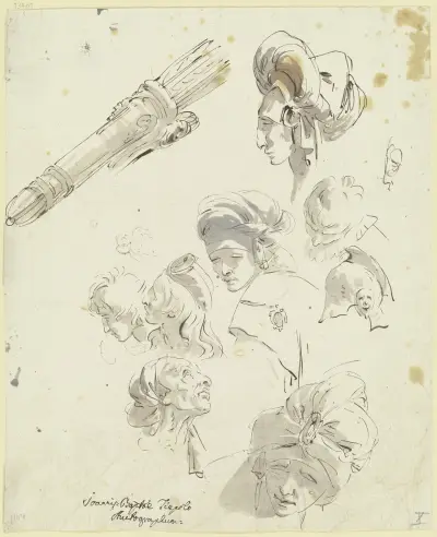 Různé hlavy bezvousých mužů s turbanovitou pokrývkou hlavy; vlevo nahoře toulec se šípy, Giovanni Battista Tiepolo