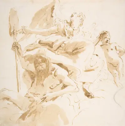 Bevingad kvinnofigur, flodgud och en naken pojke av Giovanni Battista Tiepolo