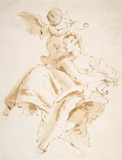 Bevingad putto kröner en sittande kvinna som blickar åt vänster av Giovanni Battista Tiepolo