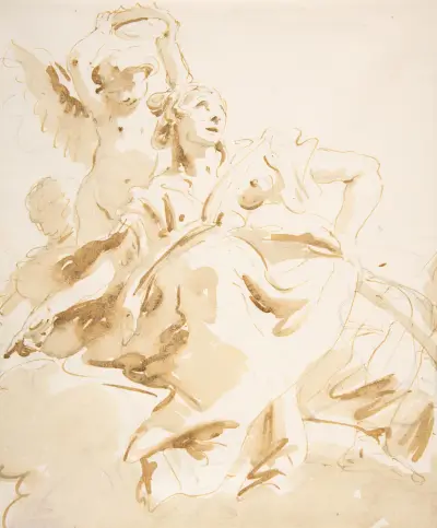 Bevingad putto kröner en sittande kvinna som blickar uppåt av Giovanni Battista Tiepolo