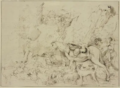 Hirten mit Pferd, Esel und Schafherde in einer Felsenlandschaft av Giovanni Benedetto Castiglione