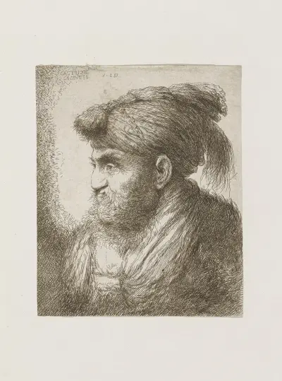 Man med skägg och mustasch, bärande en plymförsedd huvudbonad av Giovanni Benedetto Castiglione