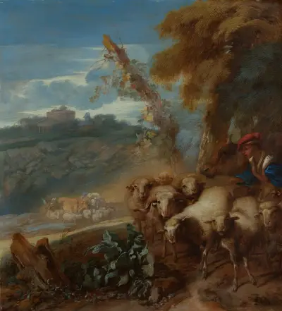 Romerskt landskap med herde och får av Giovanni Benedetto Castiglione