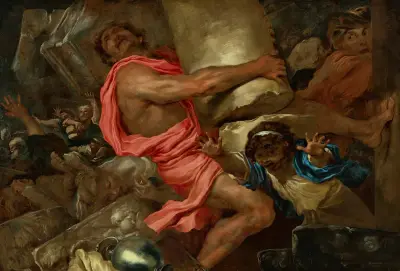 Simson förstör filistéernas tempel av Giovanni Benedetto Castiglione