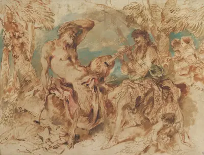 Ungdom som spelar flöjt för en satyr av Giovanni Benedetto Castiglione