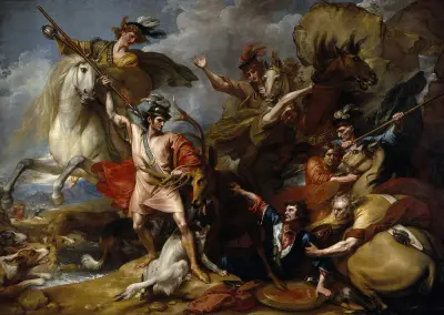 Alexander III av Skottland räddas från en rasande hjort av Colin Fitzgeralds mod (”Hjortens död”) av Benjamin West