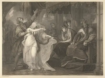 Hamlet, akt IV, scen V, Elsinore – kung, drottning, Laertes, Ofelia m.fl. av Benjamin West