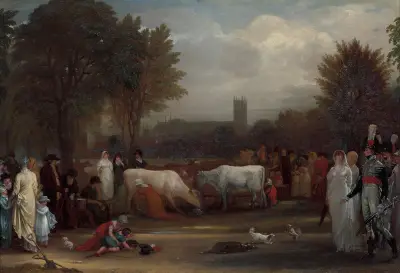 Milkmaids im St. James's Park, Westminster Abbey im Hintergrund von Benjamin West
