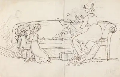 Mrs. West and Daughter Playing Catch av Benjamin West