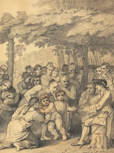 The Indians Delivering up the English Captives to Colonel Bouquet near his camp at the folks of Muskingum in North America in November 1764, 1765 av Benjamin West