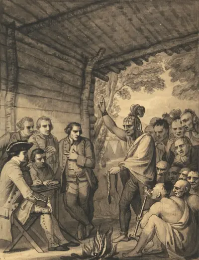 Indianerna håller tal till överste Bouquet vid ett konferensbål nära hans läger vid Muskingum i Amerika, i oktober 1764 av Benjamin West