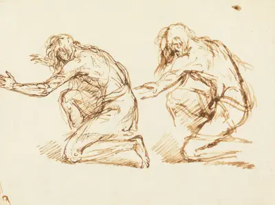 Två knäböjande figurer av Benjamin West