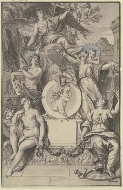 Abundantia hält das Medaillon eines mit Lorbeer gekrönten Mannes, oben schwebt ein Faun av Bernard Picart