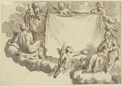 Amoretten halten ein Tuch, rechts Minerva, links Herkules und Mars av Bernard Picart